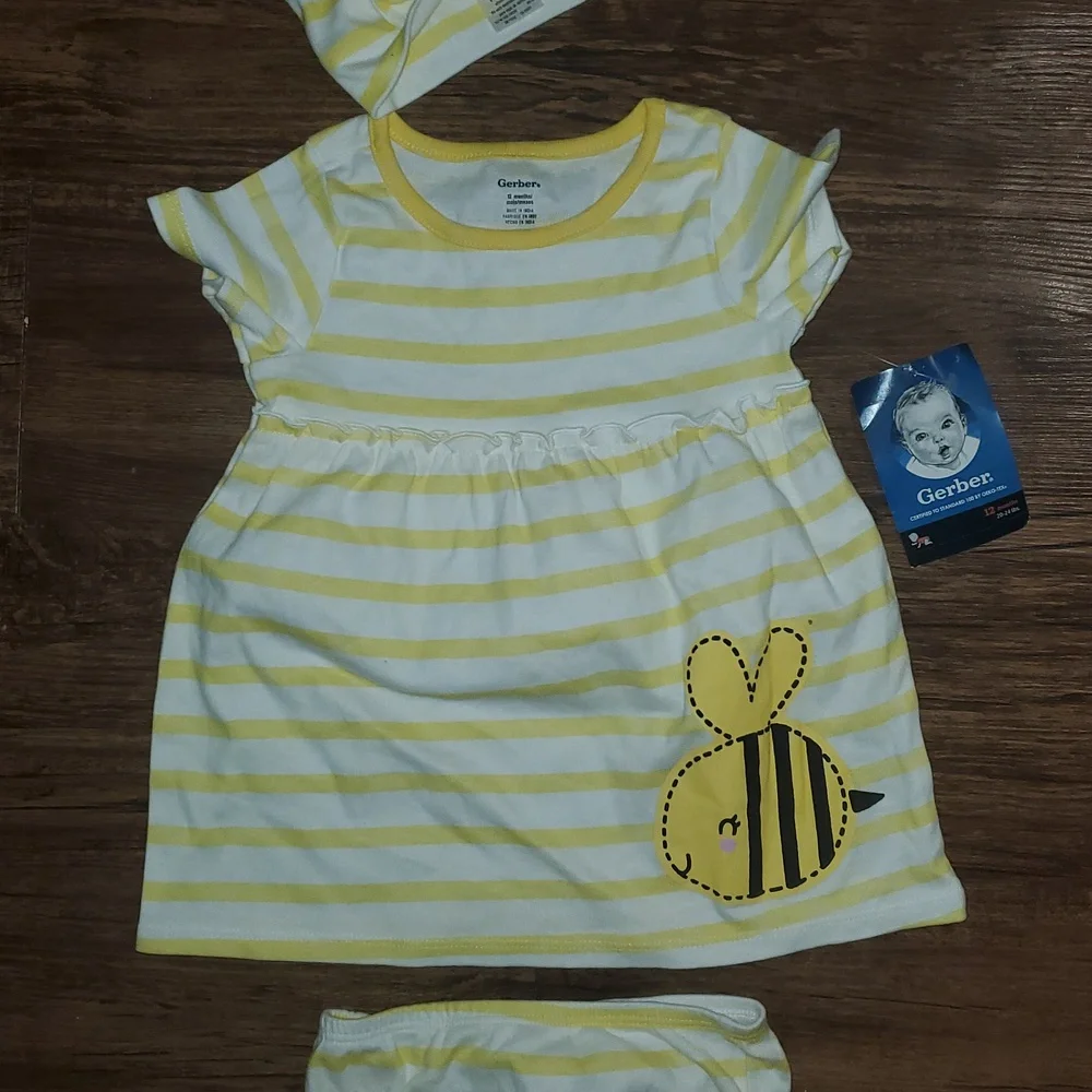 3-Piece Baby & Toddler Girls Bee Garden Dress, Diaper Cover & Headband Set 12 Mo - Picture 4 of 14